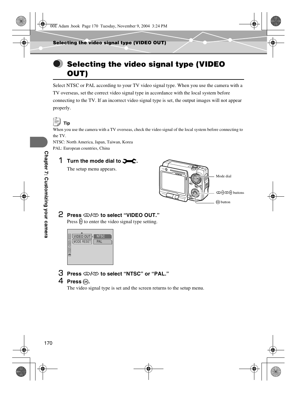 Selecting the video signal type (video out) | Olympus IR-500 User Manual | Page 170 / 259