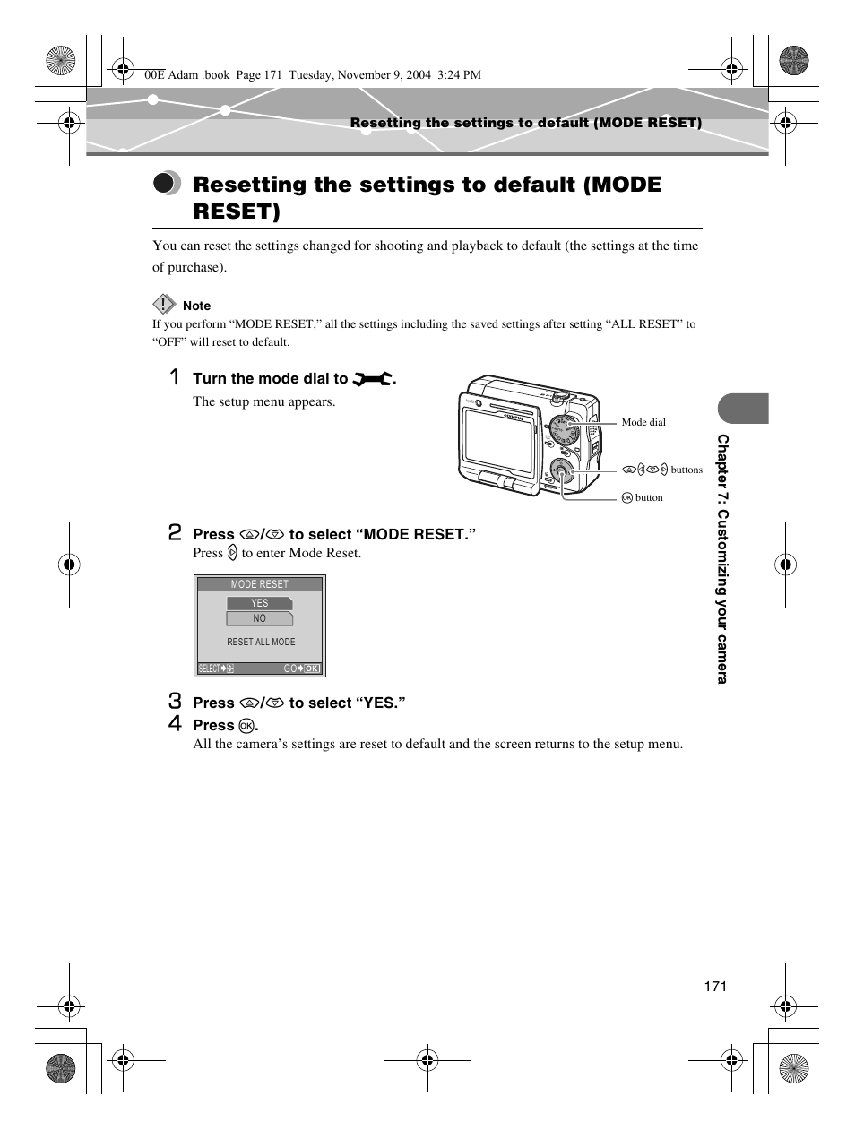 Resetting the settings to default (mode reset) | Olympus IR-500 User Manual | Page 171 / 259