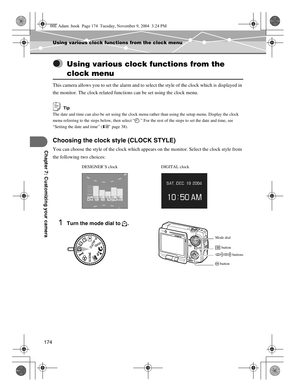 Using various clock functions from the clock menu, Choosing the clock style (clock style) | Olympus IR-500 User Manual | Page 174 / 259