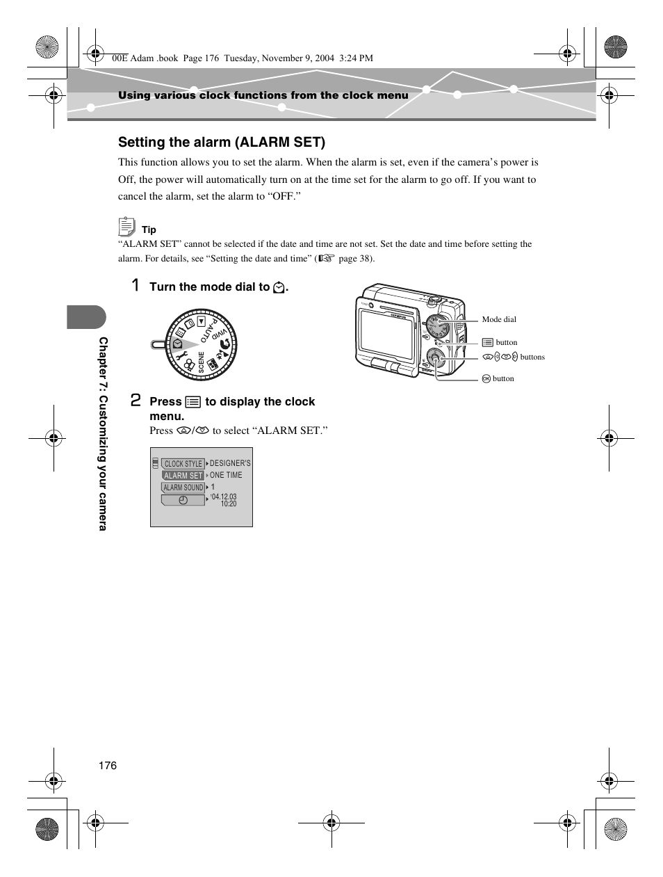 Setting the alarm (alarm set) | Olympus IR-500 User Manual | Page 176 / 259