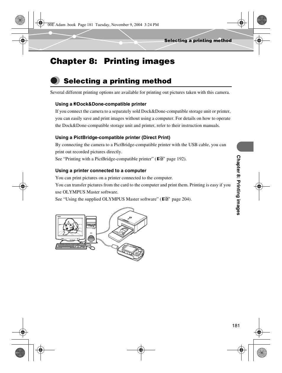 Chapter 8: printing images, Selecting a printing method | Olympus IR-500 User Manual | Page 181 / 259