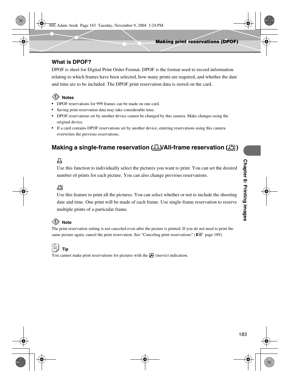 Making a single-frame reservation, All-frame reservation (u), What is dpof | Olympus IR-500 User Manual | Page 183 / 259