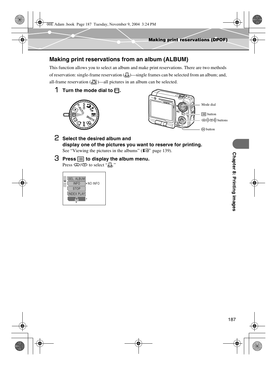 Making print reservations from an album (album) | Olympus IR-500 User Manual | Page 187 / 259