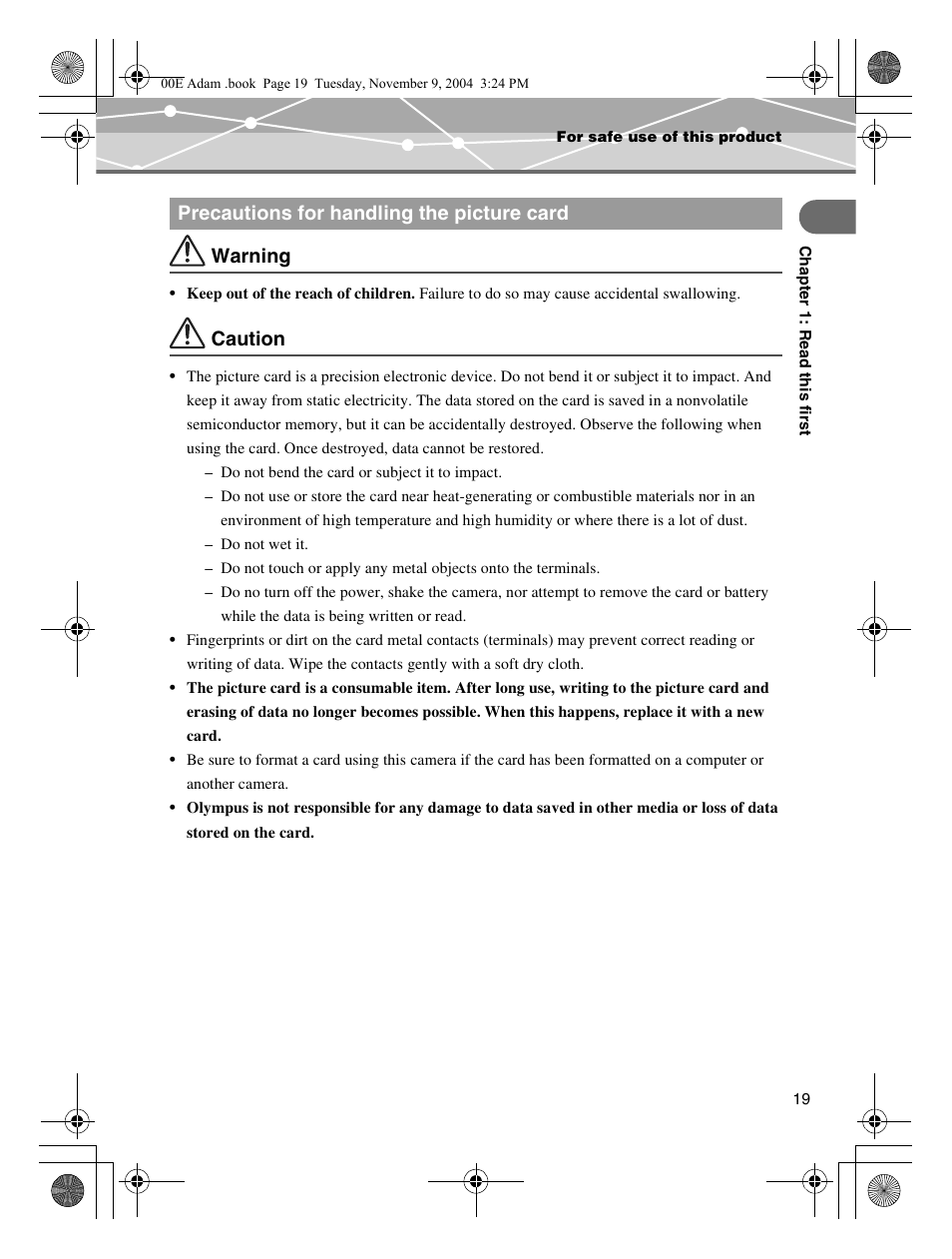 Warning, Caution, Precautions for handling the picture card | Olympus IR-500 User Manual | Page 19 / 259