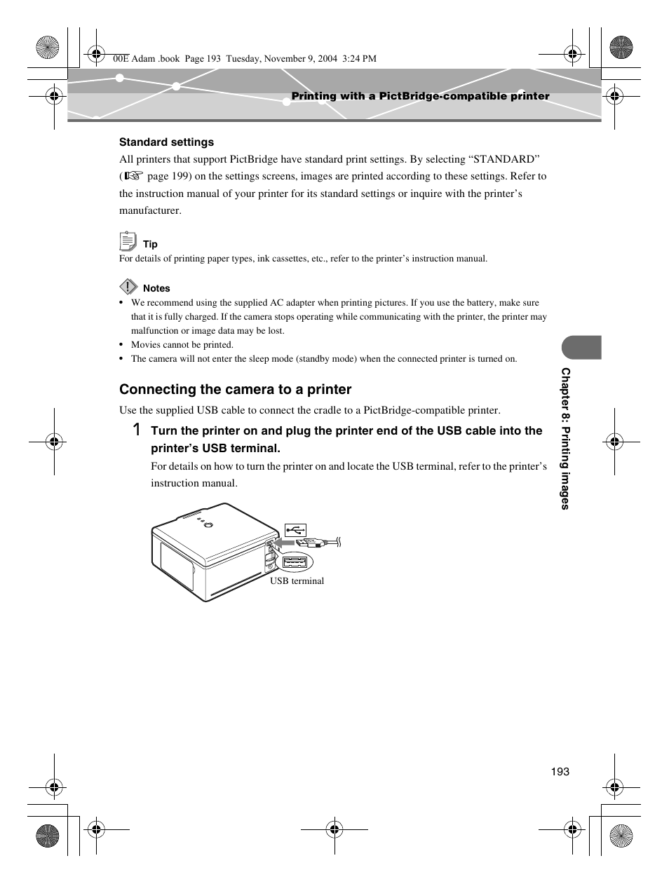 Connecting the camera to a printer | Olympus IR-500 User Manual | Page 193 / 259