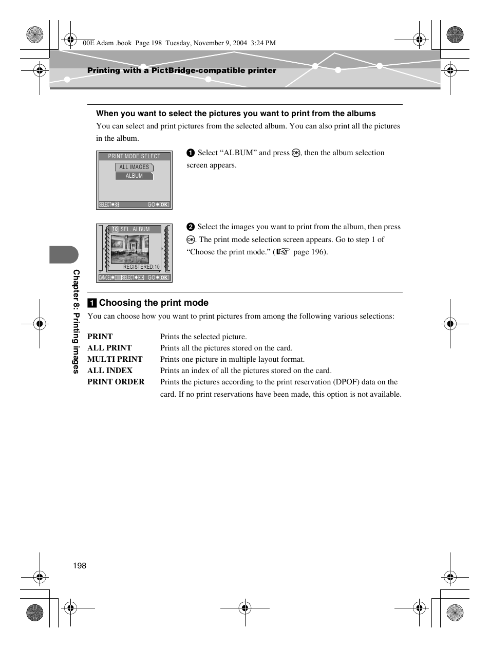 The albums, Choosing the print mode, A choosing the print mode | Olympus IR-500 User Manual | Page 198 / 259