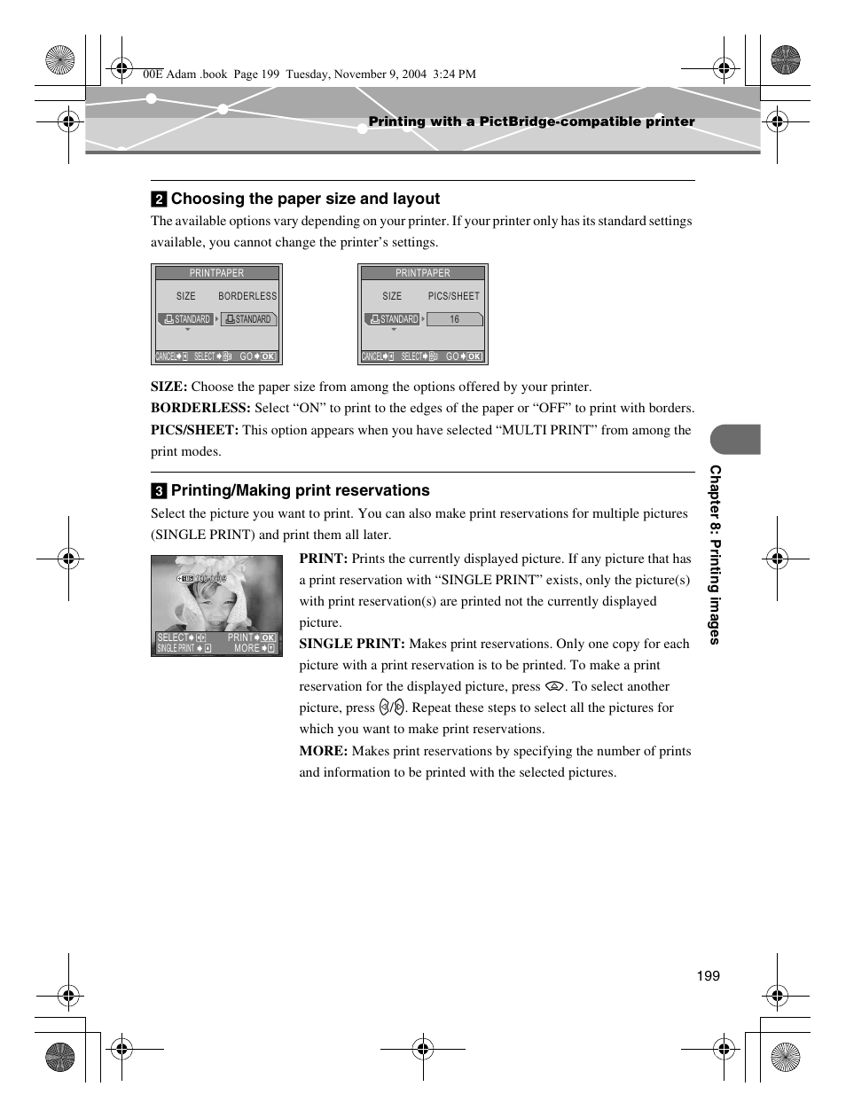 See “choosing the paper size and, Layout, Printing/making print | Reservations, B choosing the paper size and layout, C printing/making print reservations | Olympus IR-500 User Manual | Page 199 / 259