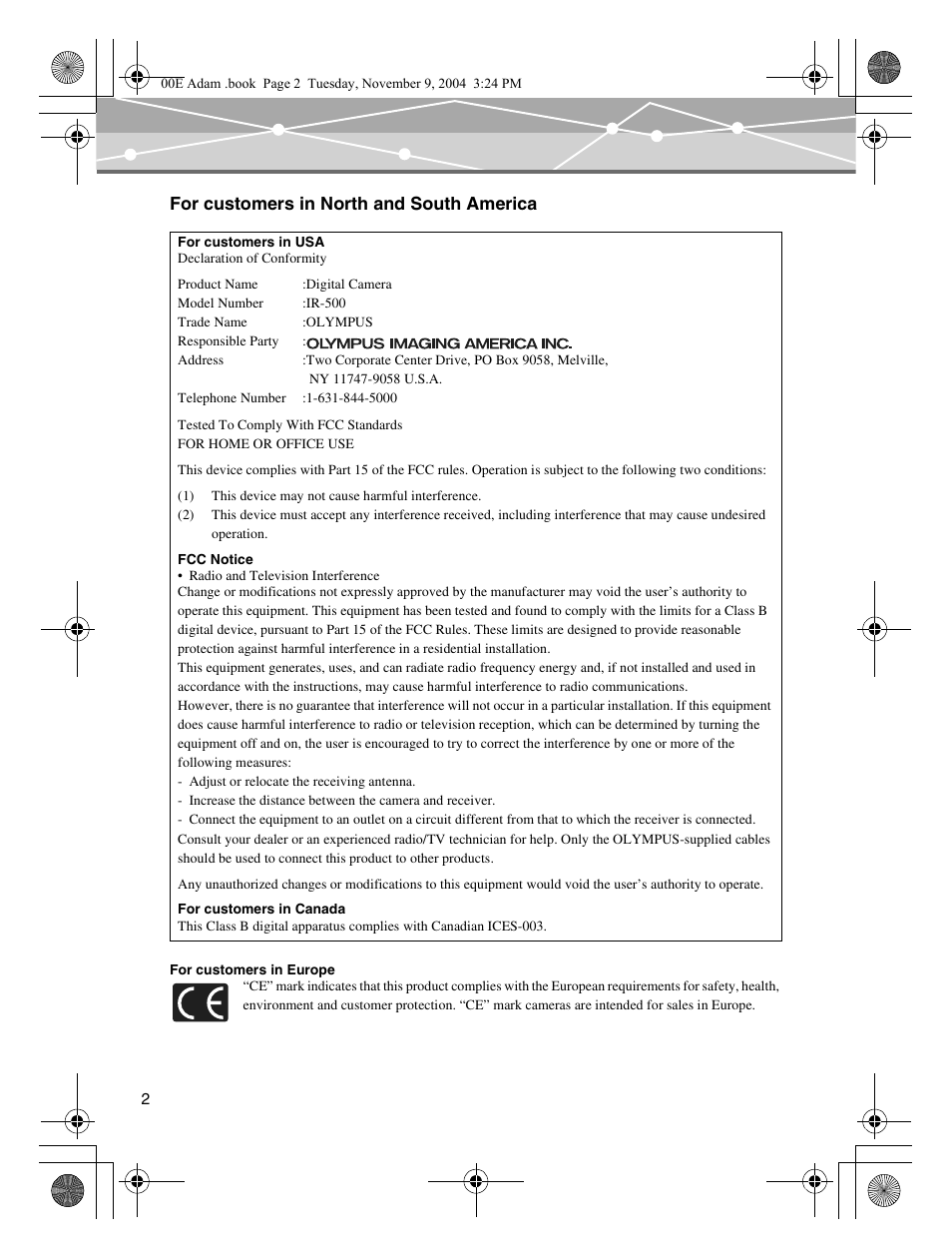 For customers in north and south america | Olympus IR-500 User Manual | Page 2 / 259