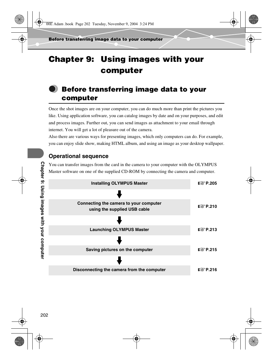 Chapter 9: using images with your computer, Before transferring image data to your computer, Operational sequence | Olympus IR-500 User Manual | Page 202 / 259