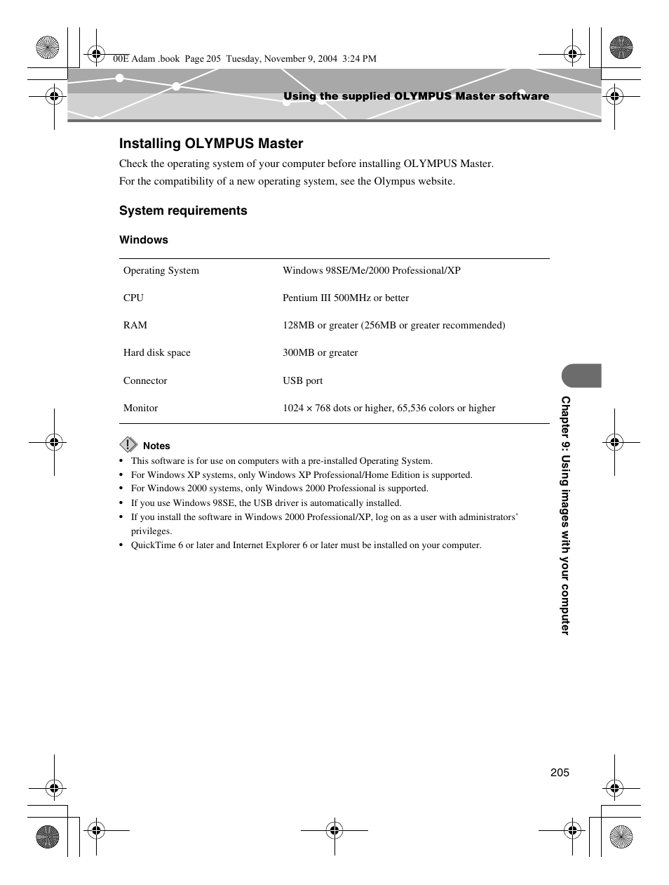 Installing olympus master, P.205, System requirements | Olympus IR-500 User Manual | Page 205 / 259