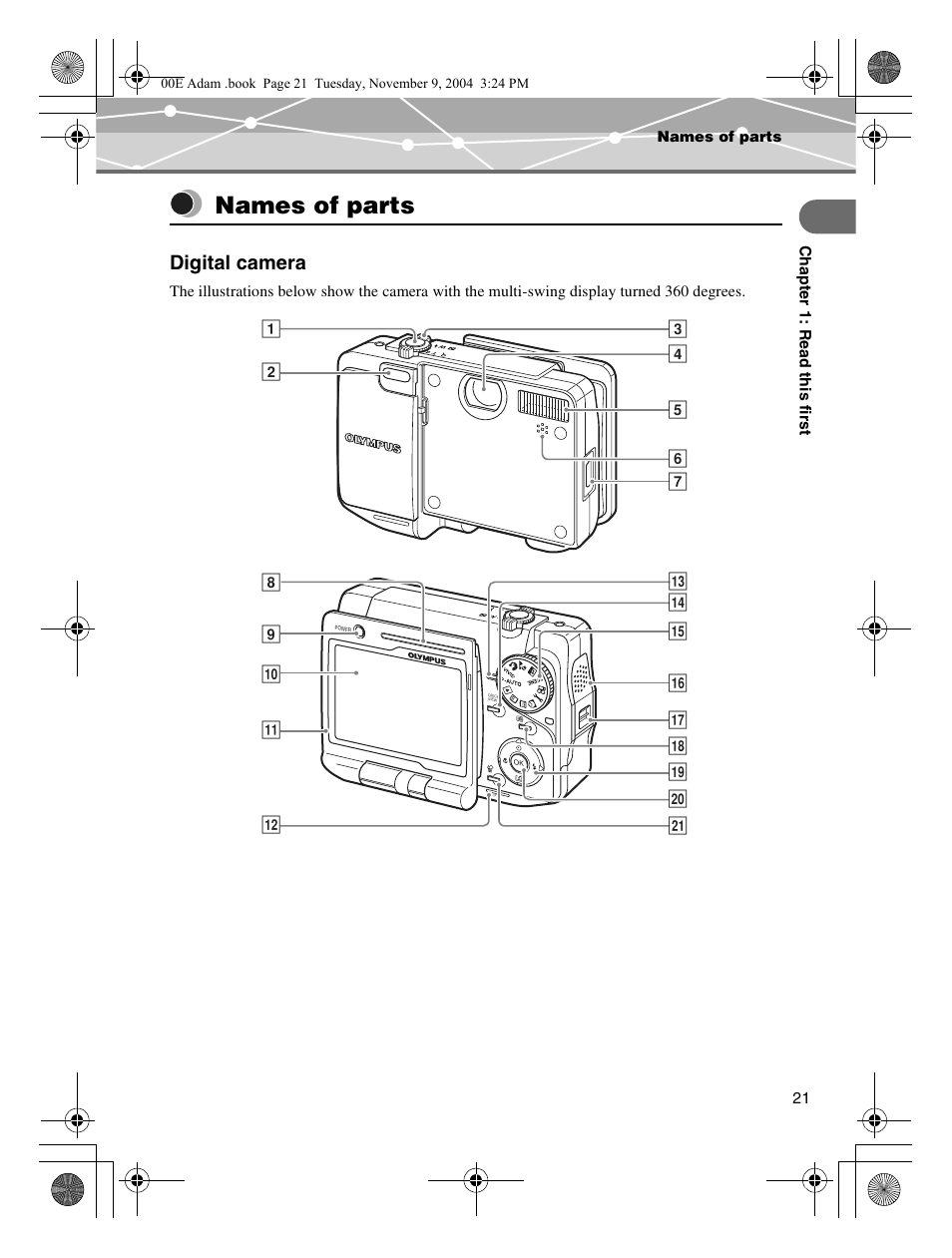 Names of parts, Digital camera | Olympus IR-500 User Manual | Page 21 / 259