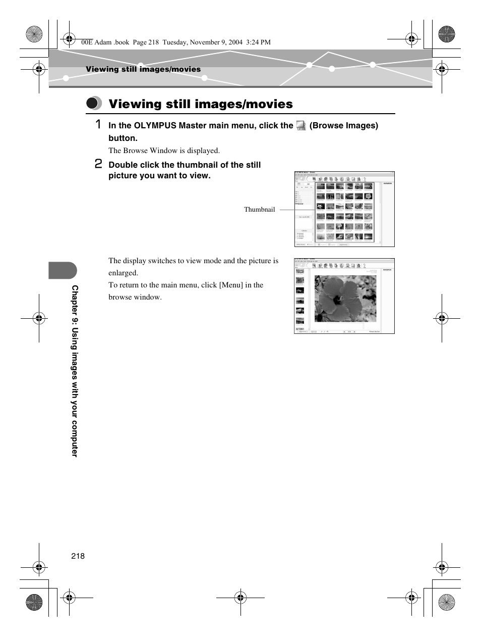 Viewing still images/movies, Viewing still images/movies 1 | Olympus IR-500 User Manual | Page 218 / 259