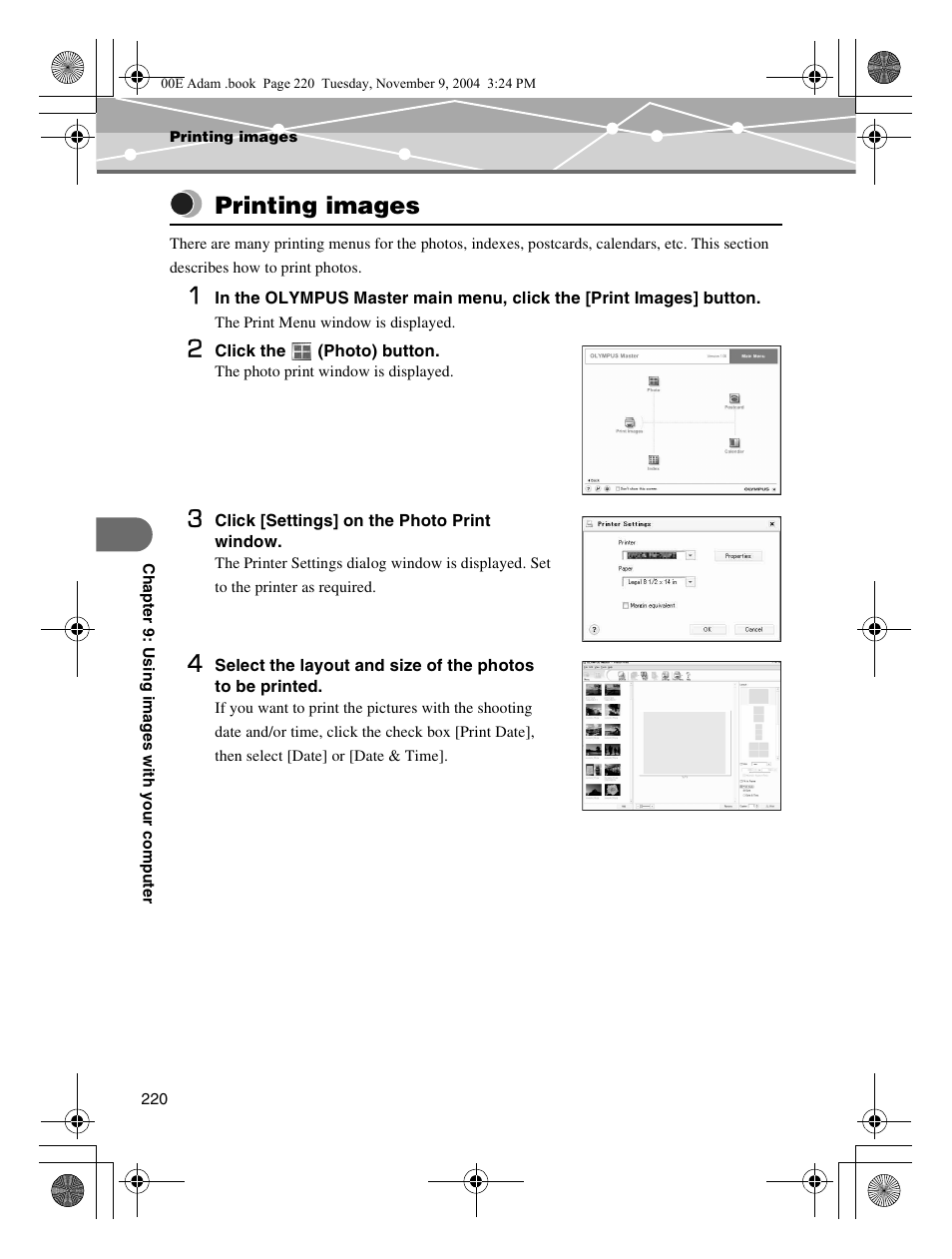 Printing images | Olympus IR-500 User Manual | Page 220 / 259