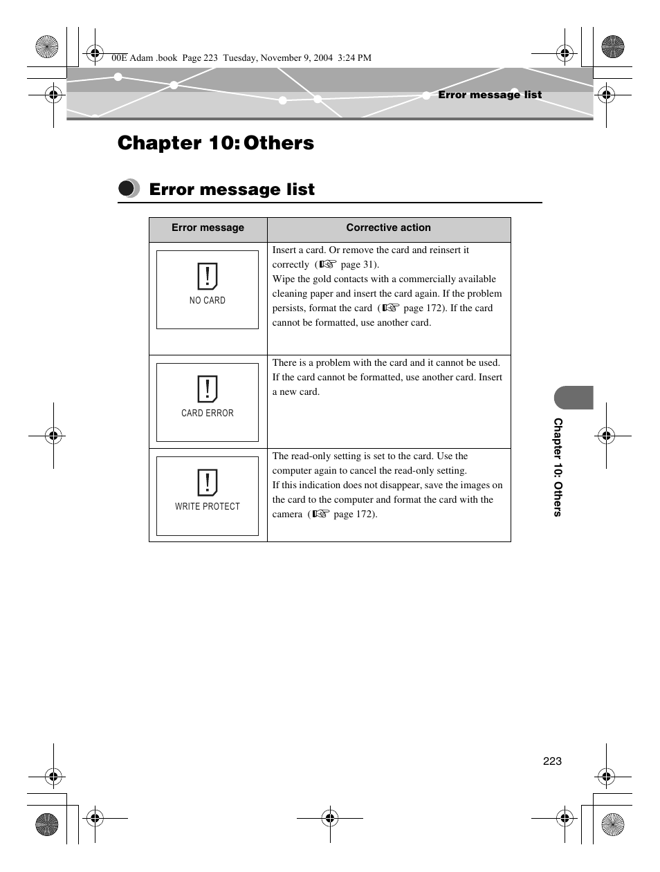 Chapter 10: others, Error message list, Check “error message list | Olympus IR-500 User Manual | Page 223 / 259