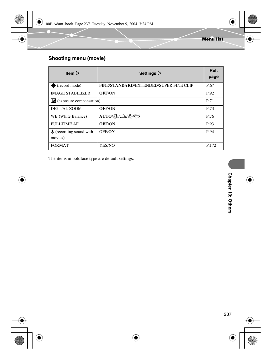 Shooting menu (movie) | Olympus IR-500 User Manual | Page 237 / 259