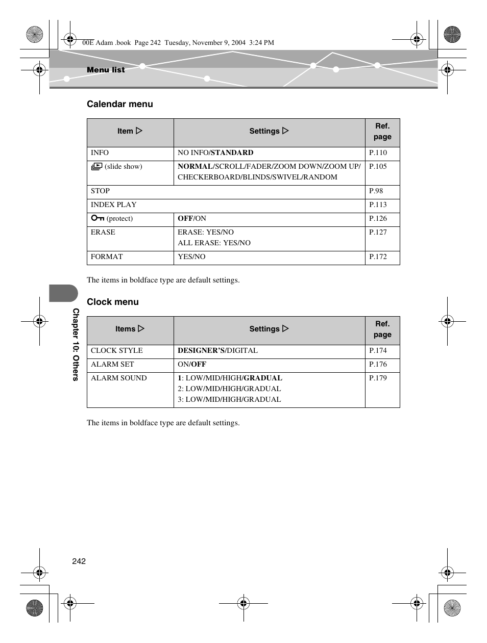 Calendar menu, Clock menu | Olympus IR-500 User Manual | Page 242 / 259