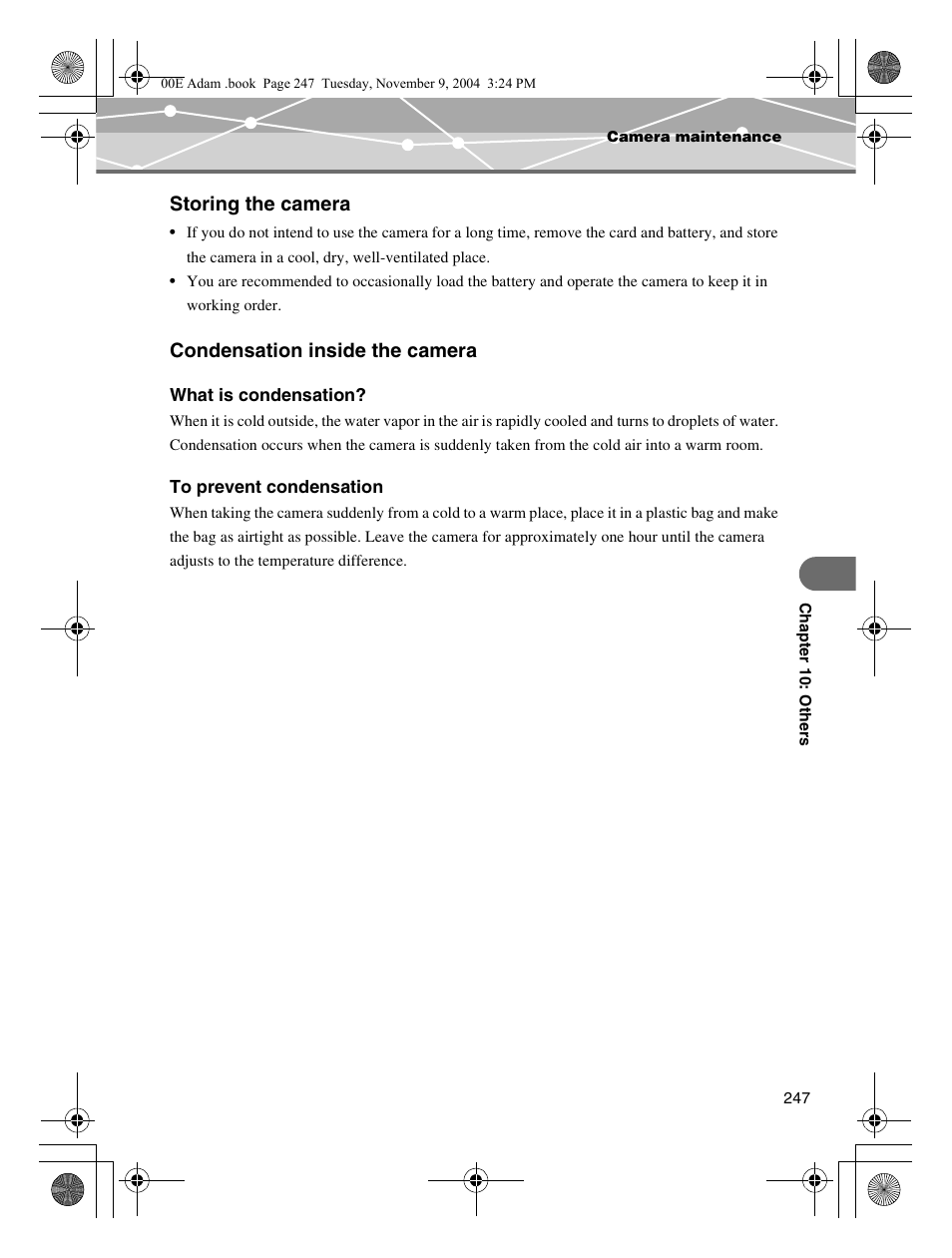 Storing the camera, Condensation inside the camera | Olympus IR-500 User Manual | Page 247 / 259