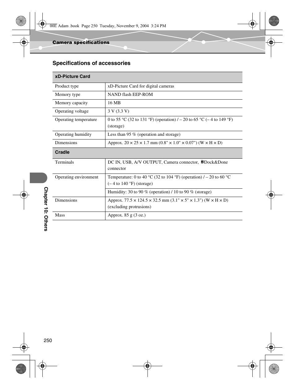 Specifications of accessories | Olympus IR-500 User Manual | Page 250 / 259