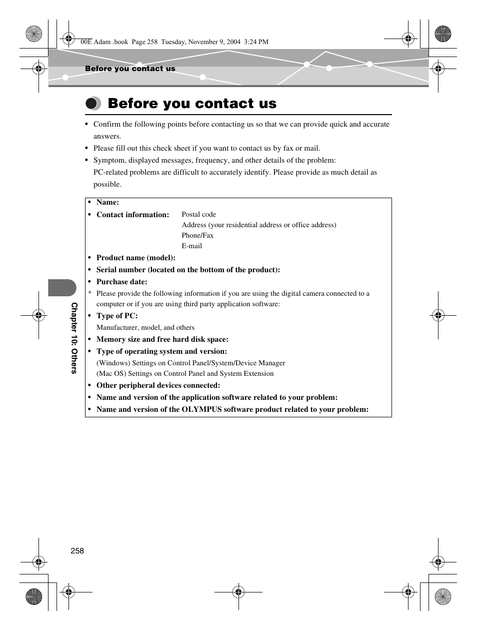 Before you contact us | Olympus IR-500 User Manual | Page 258 / 259