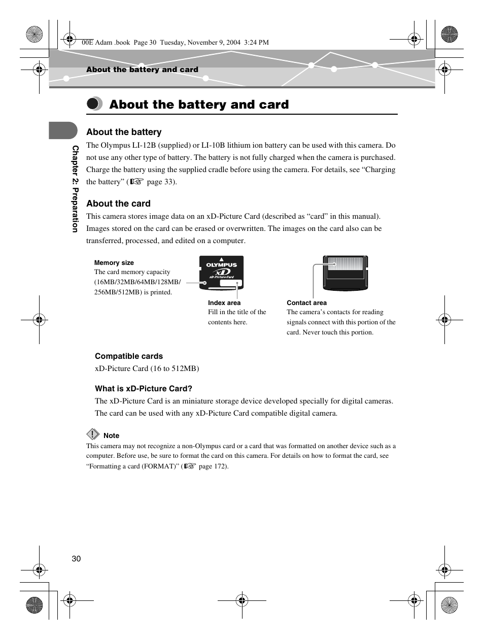 About the battery and card, About the battery, About the card | Olympus IR-500 User Manual | Page 30 / 259