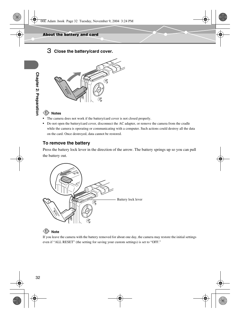 Push, Close the battery/card cover | Olympus IR-500 User Manual | Page 32 / 259