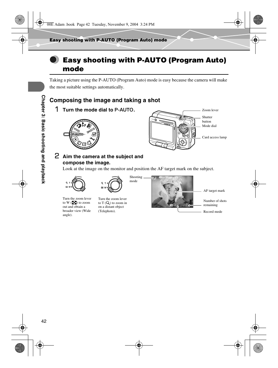 Easy shooting with p-auto (program auto) mode, Composing the image and taking a shot | Olympus IR-500 User Manual | Page 42 / 259