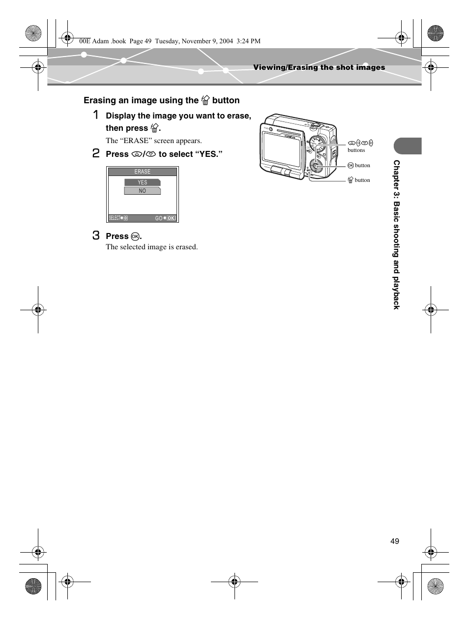 Erasing an image using the s button | Olympus IR-500 User Manual | Page 49 / 259