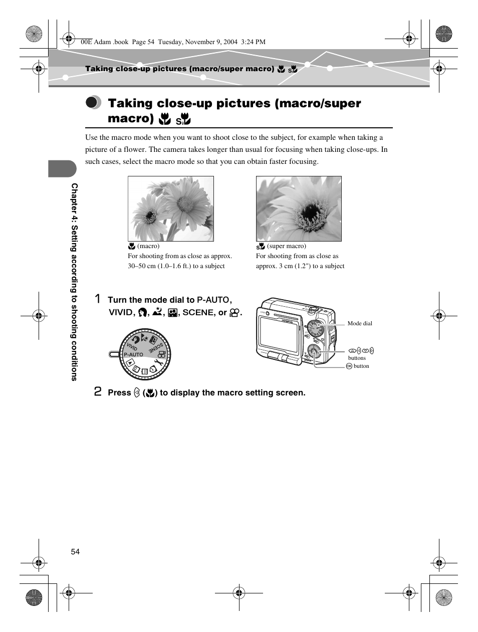 Taking close-up pictures (macro/super macro), P.54 | Olympus IR-500 User Manual | Page 54 / 259