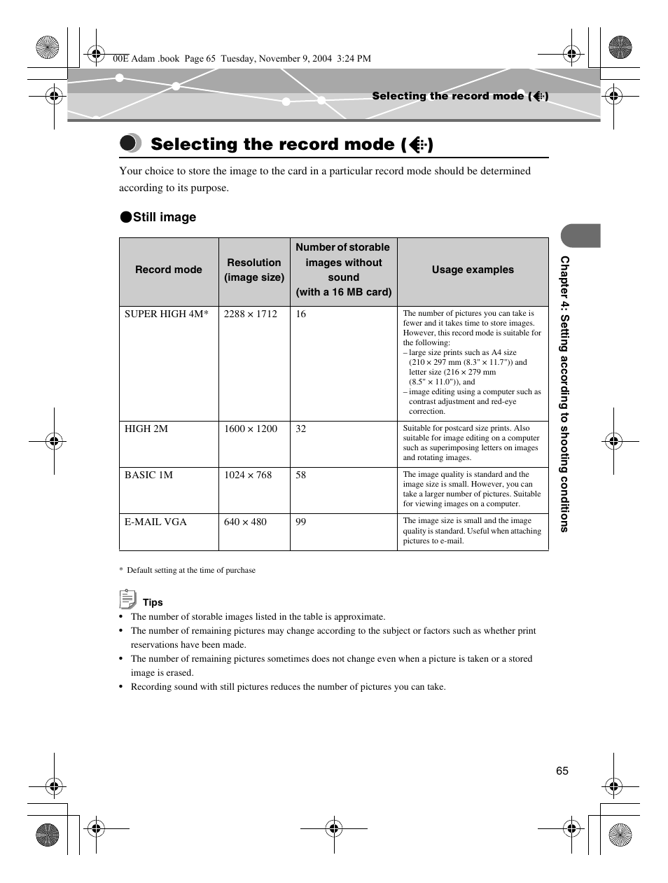 Selecting the record mode (d), P.65, Selecting the record mode ( d ) | Still image | Olympus IR-500 User Manual | Page 65 / 259