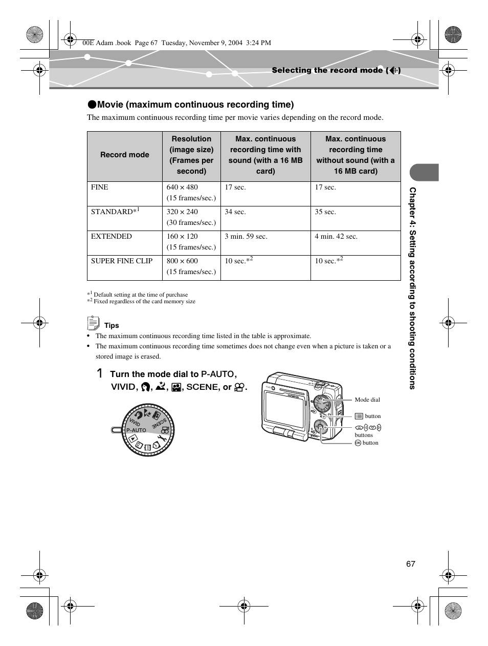 P.67, Movie (maximum continuous recording time) | Olympus IR-500 User Manual | Page 67 / 259