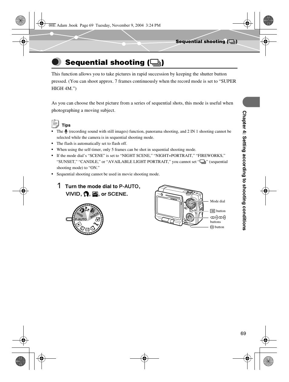 Sequential shooting (j), P.69, Sequential shooting ( j ) | Olympus IR-500 User Manual | Page 69 / 259