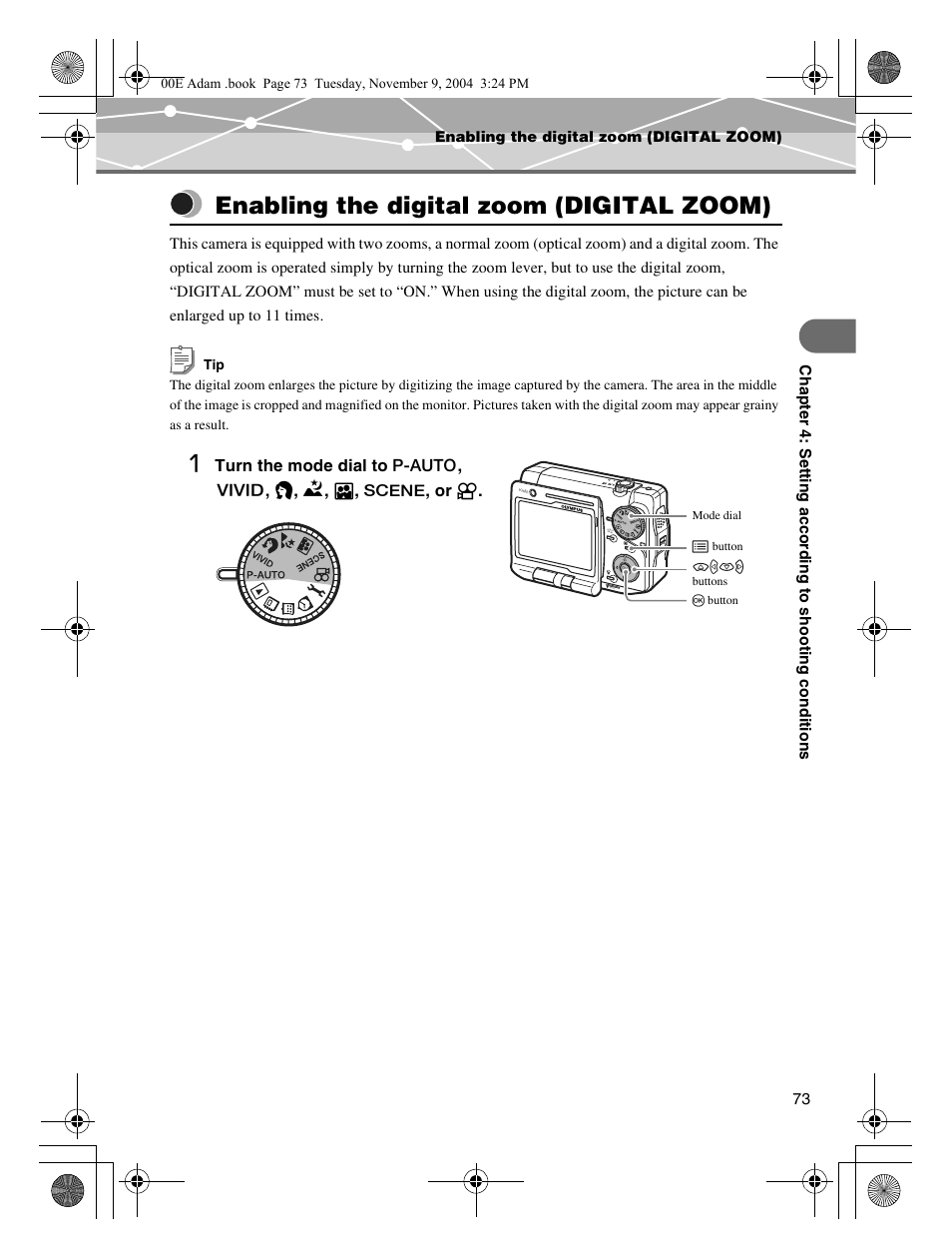 Enabling the digital zoom (digital zoom) | Olympus IR-500 User Manual | Page 73 / 259