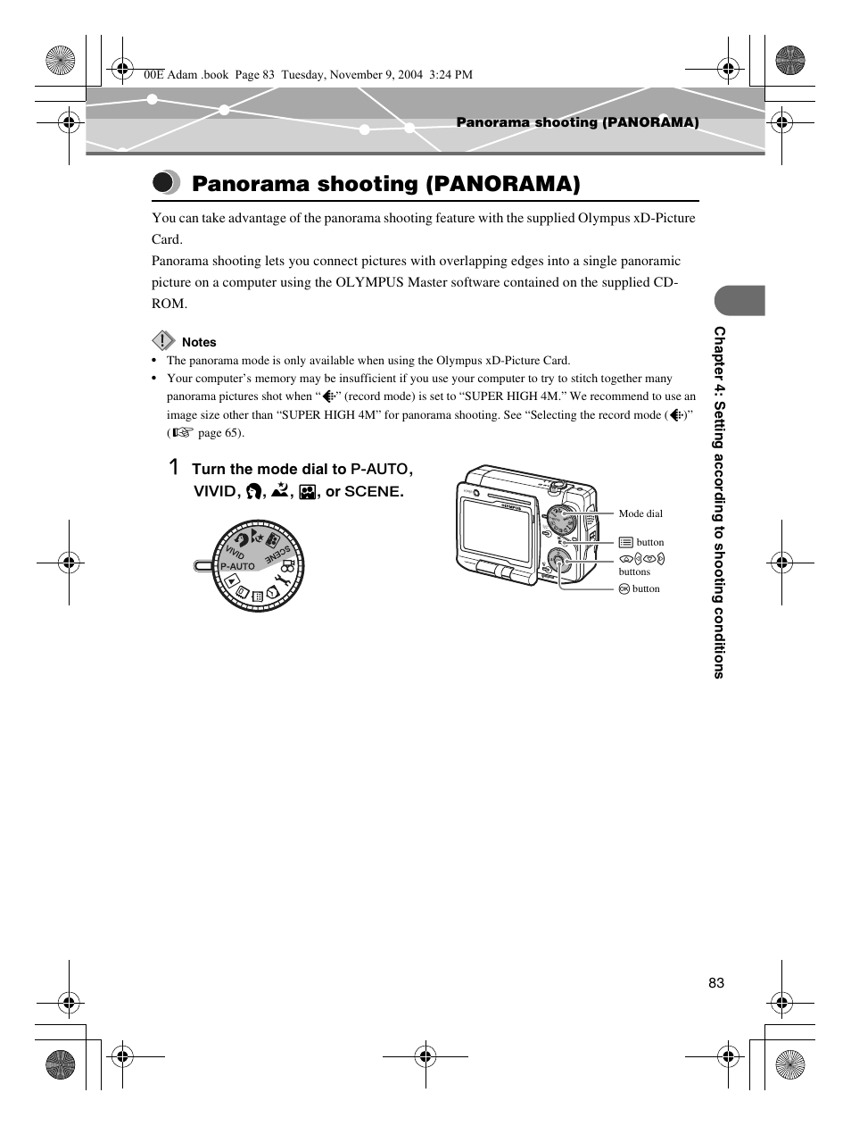 Panorama shooting (panorama) | Olympus IR-500 User Manual | Page 83 / 259