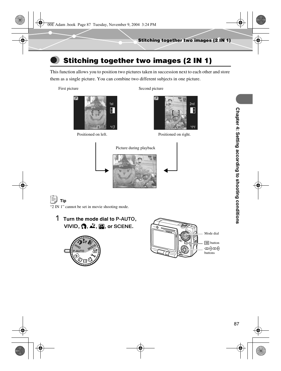 Stitching together two images (2 in 1) | Olympus IR-500 User Manual | Page 87 / 259