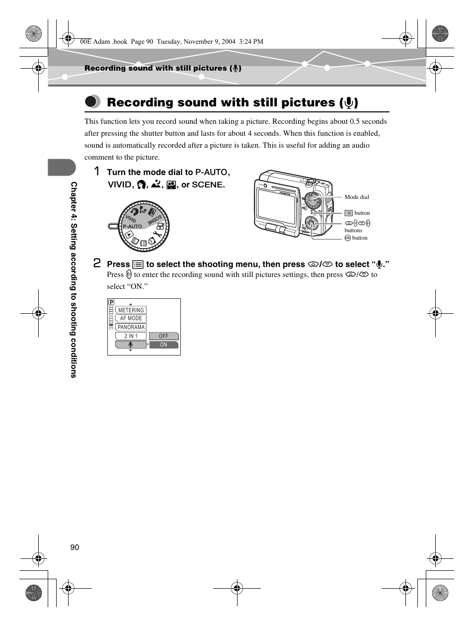 Recording sound with still pictures (r), P.90, Recording sound with still pictures ( r ) | Olympus IR-500 User Manual | Page 90 / 259