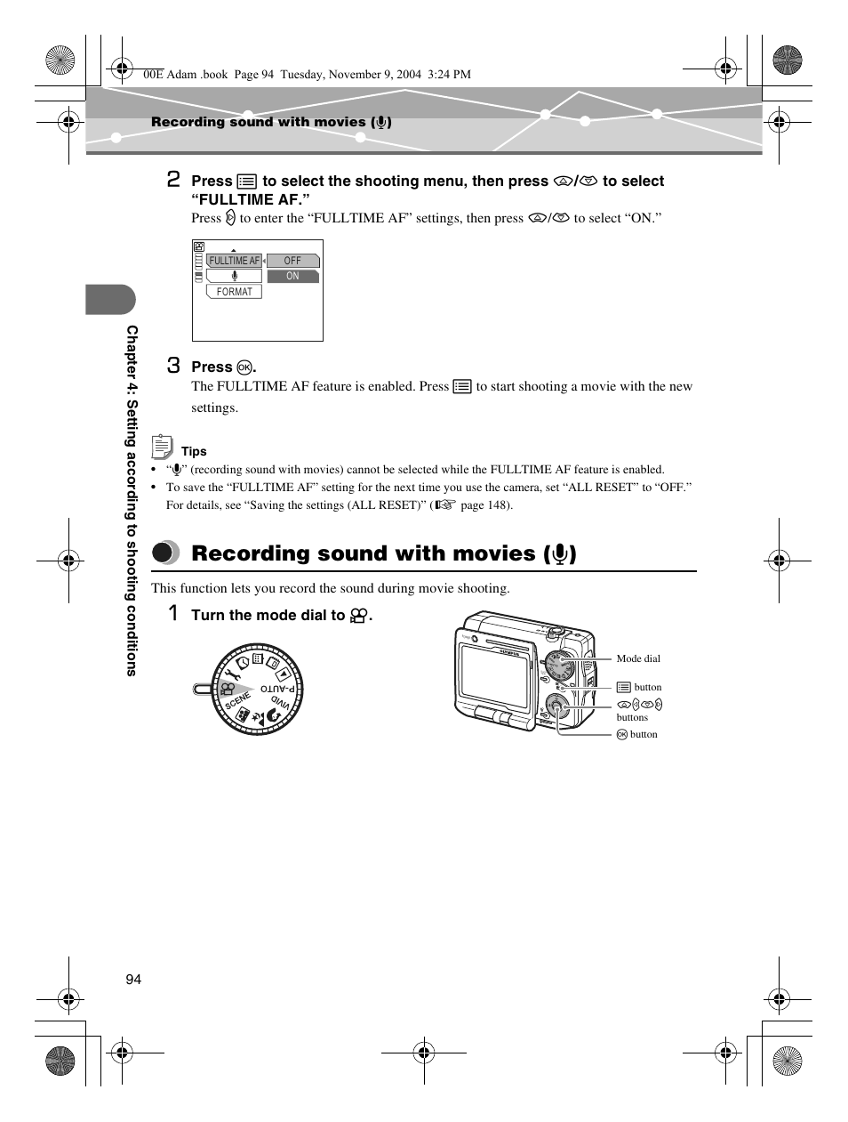 Recording sound with movies (r), P.94, Ee “recording sound with | Movies (r), Recording sound with movies ( r ) | Olympus IR-500 User Manual | Page 94 / 259