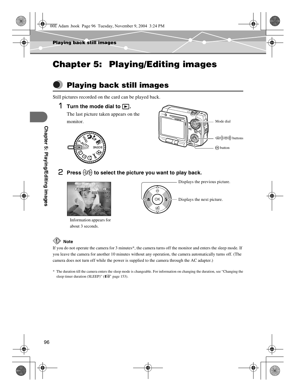 Chapter 5: playing/editing images, Playing back still images, Ee “playing back still images | Olympus IR-500 User Manual | Page 96 / 259