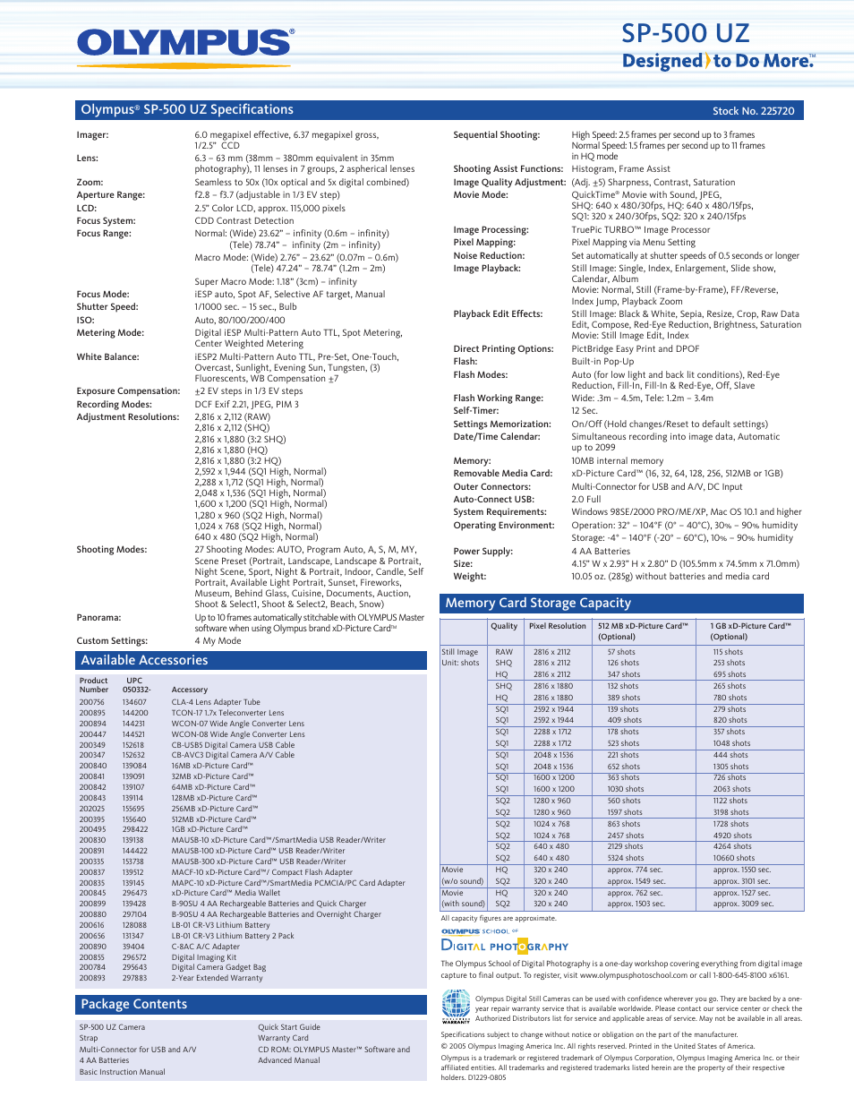 Sp-500 uz, Olympus, Sp-500 uz specifications | Available accessories, Package contents | Olympus SP-500 UZ User Manual | Page 2 / 2