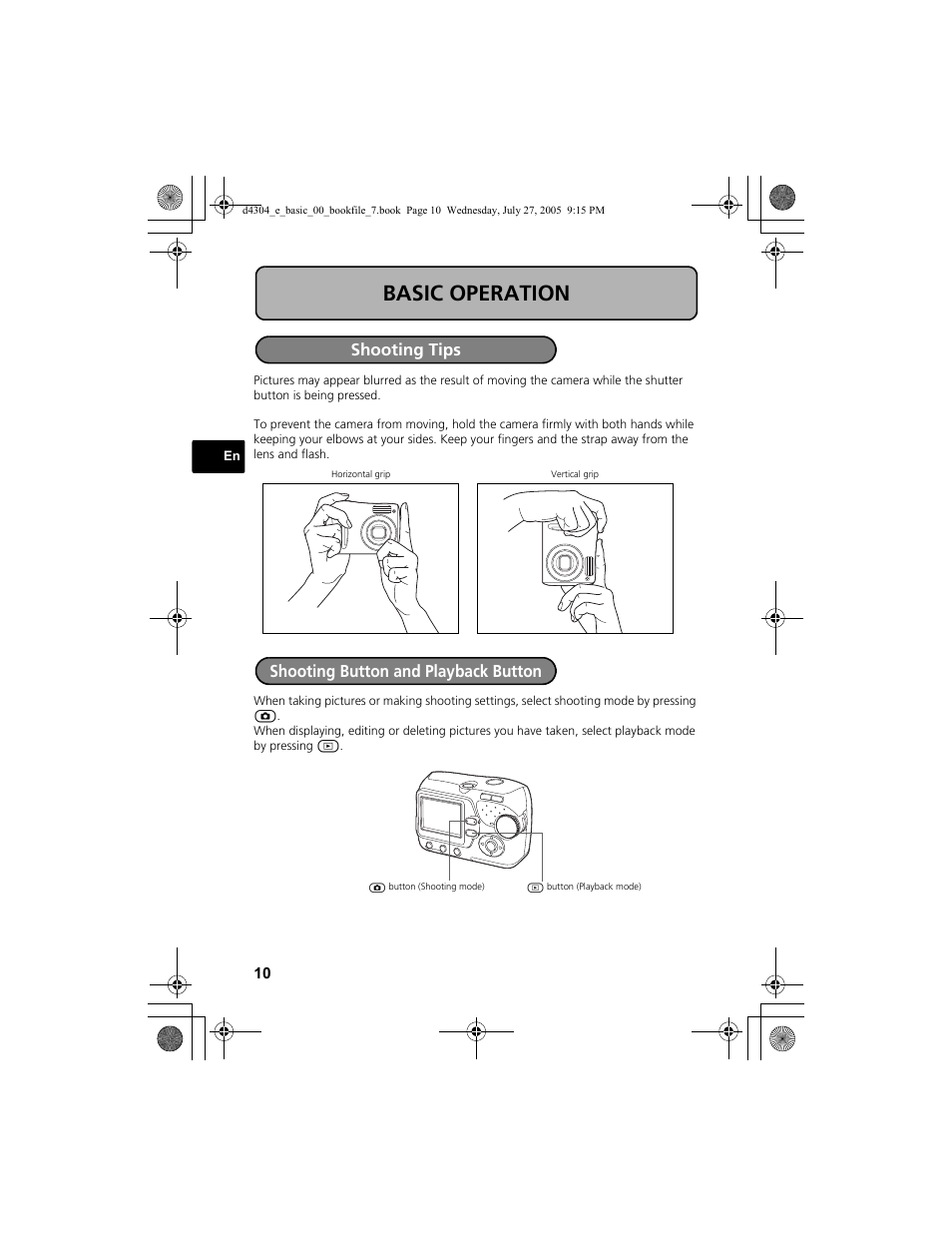 Basic operation, Shooting tips shooting button and playback button | Olympus FE-100 User Manual | Page 10 / 116