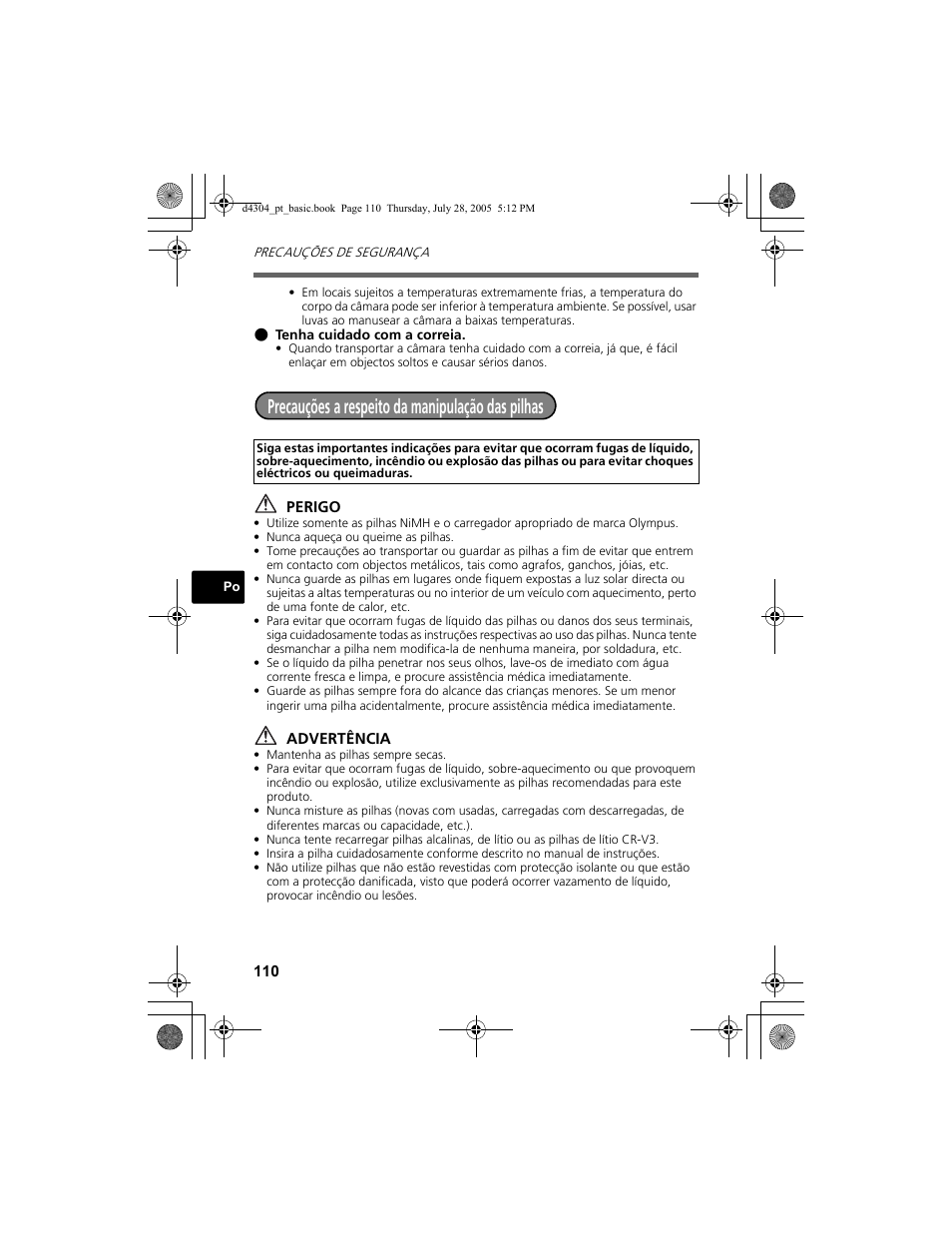 Precauções a respeito da manipulação das pilhas | Olympus FE-100 User Manual | Page 110 / 116
