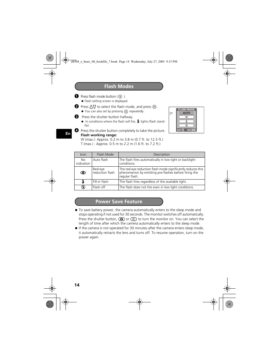 Flash modes power save feature | Olympus FE-100 User Manual | Page 14 / 116