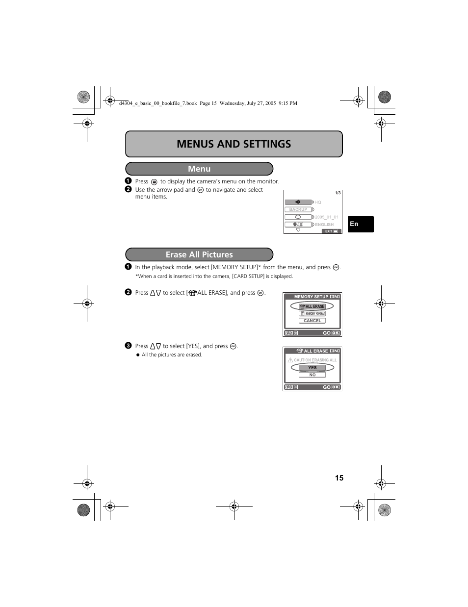 Menus and settings, Menu erase all pictures | Olympus FE-100 User Manual | Page 15 / 116