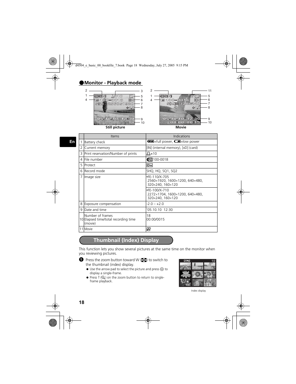 Thumbnail (index) display, Monitor - playback mode | Olympus FE-100 User Manual | Page 18 / 116