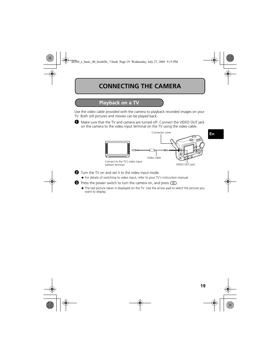 Connecting the camera, Playback on a tv | Olympus FE-100 User Manual | Page 19 / 116