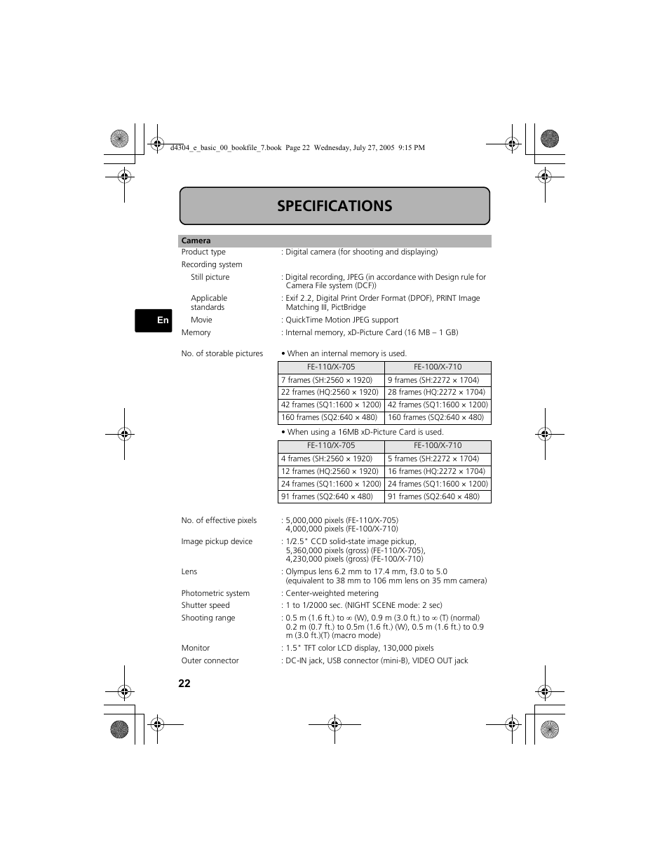 Specifications | Olympus FE-100 User Manual | Page 22 / 116