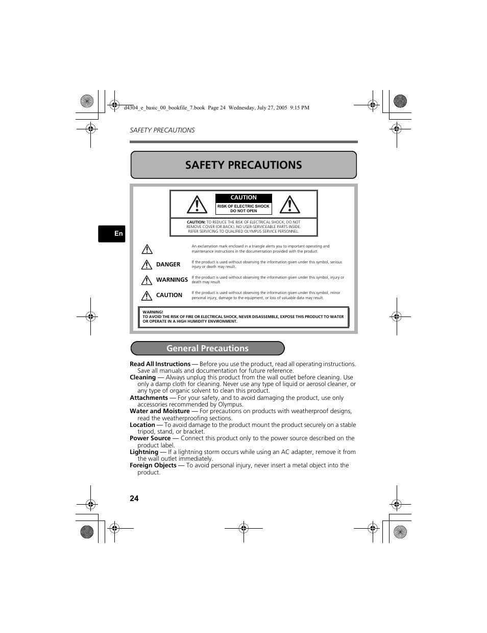 Safety precautions, General precautions | Olympus FE-100 User Manual | Page 24 / 116