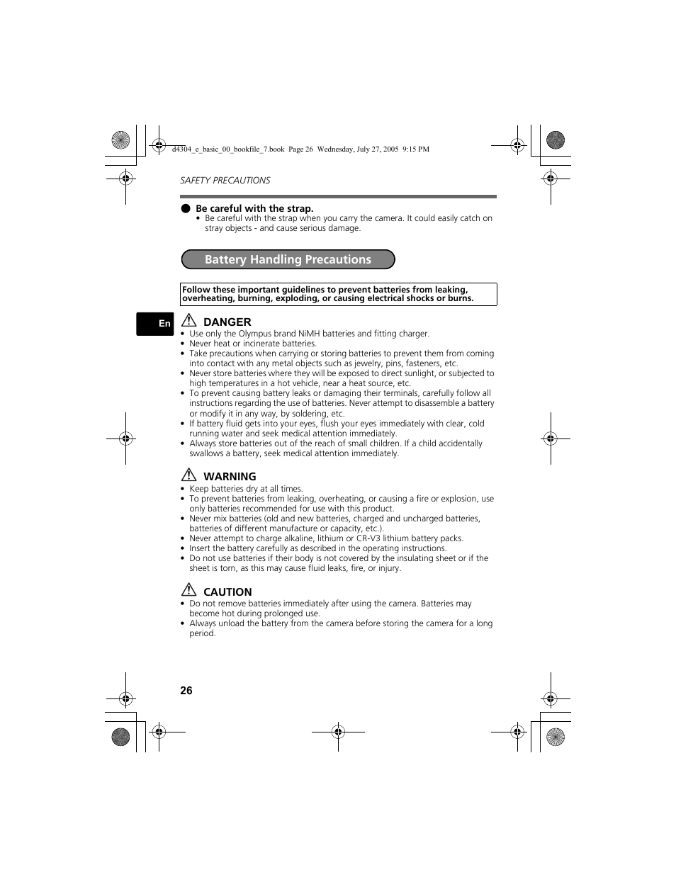 Battery handling precautions | Olympus FE-100 User Manual | Page 26 / 116