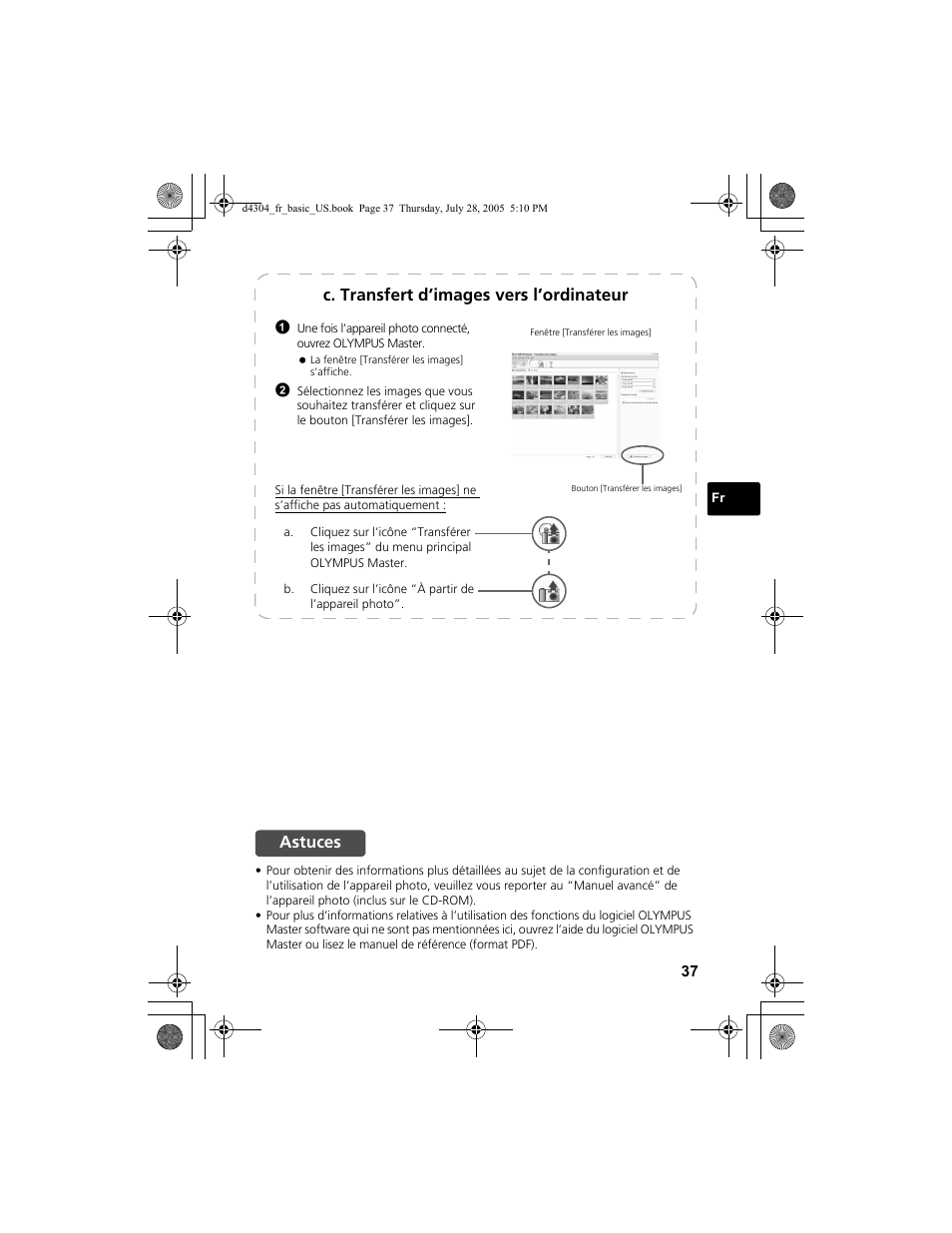 C. transfert d’images vers l’ordinateur, Astuces | Olympus FE-100 User Manual | Page 37 / 116