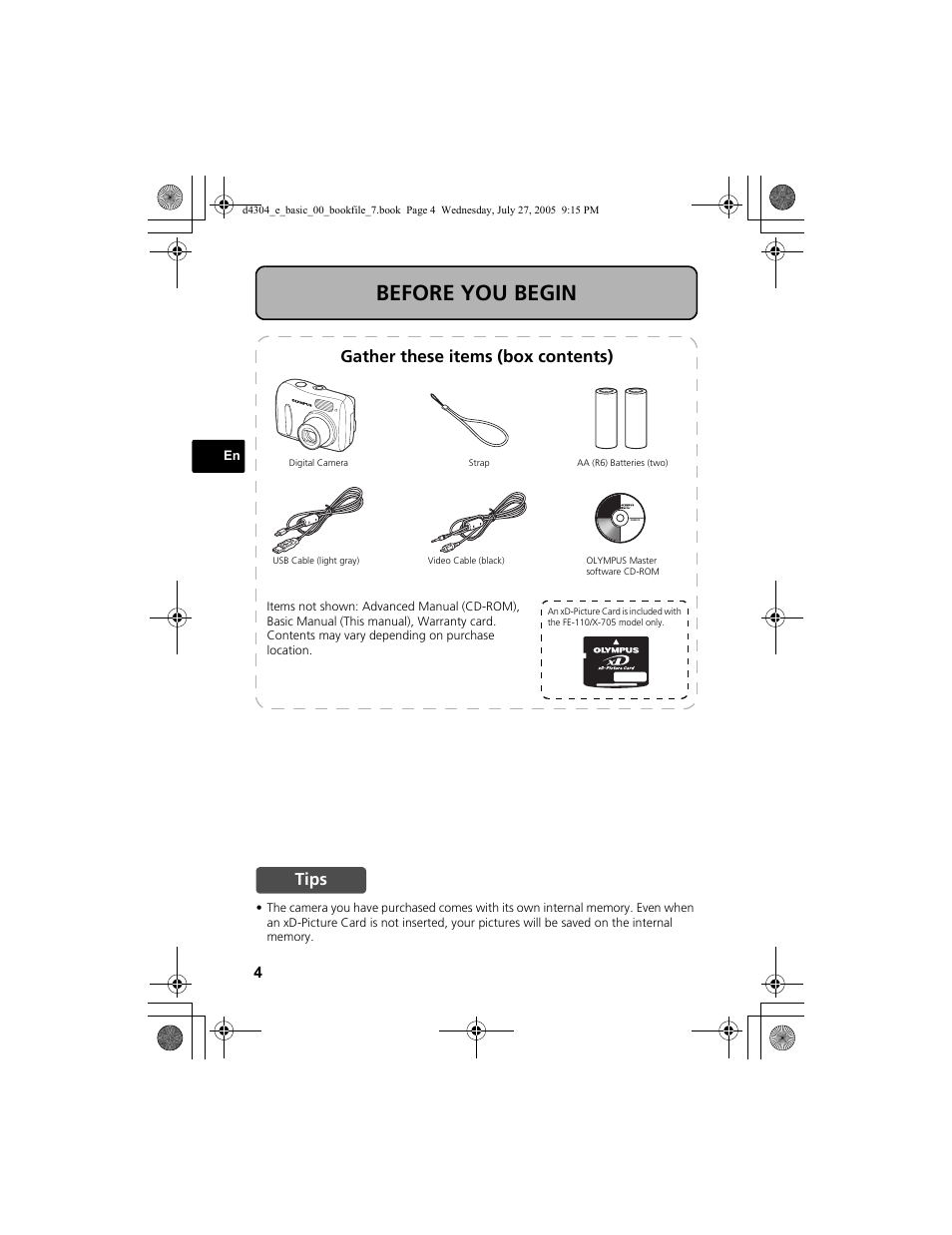 Before you begin, Gather these items (box contents), Tips | Olympus FE-100 User Manual | Page 4 / 116