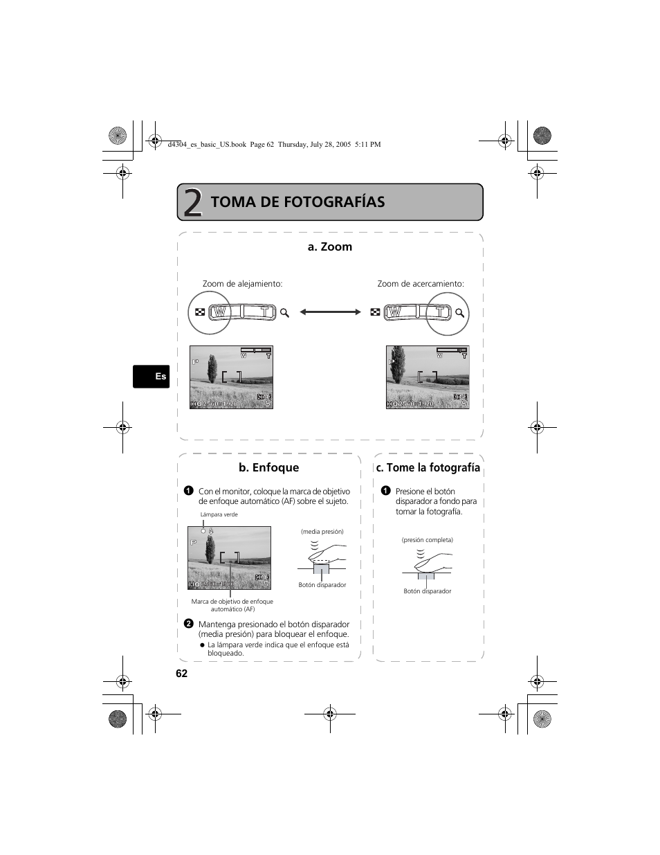 Toma de fotografías, A. zoom, C. tome la fotografía | B. enfoque | Olympus FE-100 User Manual | Page 62 / 116